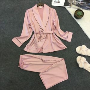 Bathrobe Pajamas Imitation Silk Pajamas Lapel Casual Silk Home Wear  Size:L(Dark Pink)
