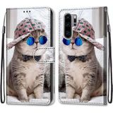 For Huawei P30 Pro Coloured Drawing Cross Texture Horizontal Flip PU Leather Case with Holder & Card Slots & Wallet & Lanyard(B20 Slant Hat Blue Mirror Cat)