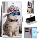 For Huawei P30 Pro Coloured Drawing Cross Texture Horizontal Flip PU Leather Case with Holder & Card Slots & Wallet & Lanyard(B20 Slant Hat Blue Mirror Cat)