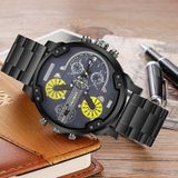 CAGARNY 6820 Fashionable Business Style Large Dial Dual Time Zone Quartz Movement Wrist Watch with Stainless Steel Band & Calendar Function for Men(Black Band Yellow Needle)
