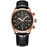 Ochstin 6042B multifunctioneel zakelijk leer waterdicht lichtgevend quartz herenhorloge (rosgoud + zwart)