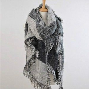 Winter Beveled Scarf Cashmere Plaid Color Matching Tassel Irregular Shawl  Size:205 x 65cm(Gray)