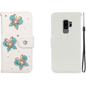 For Galaxy S9 Plus Horizontal Flip Solid Color Rhinestones Leather Case with Card Slot & Wallet & Holder(Three Butterflies)