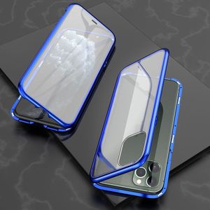 For iPhone 11 Pro Ultra Slim Double Sides Magnetic Adsorption Angular Frame Tempered Glass Magnet Flip Case(Blue)