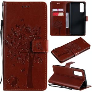 For Huawei P Smart 2021 Tree & Cat Pattern Pressed Printing Horizontal Flip PU Leather Case with Holder & Card Slots & Wallet & Lanyard(Coffee)