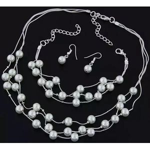 Pearl Multi-Layer Temperament Necklace Earring Bracelet set  Metal color:Silver