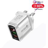 F002C QC3.0 USB + USB 2.0 LED Digital Display Fast Charger with USB to 8 Pin Data Cable  UK Plug(White)