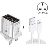 F002C QC3.0 USB + USB 2.0 LED Digital Display Fast Charger with USB to 8 Pin Data Cable  UK Plug(White)