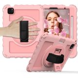 For iPad Air 2020 10.9 360 Degree Rotation PC + Silicone Shockproof Combination Case with Holder & Hand Grip Strap & Neck Strap & Pen Slot Holder(Rose Gold)