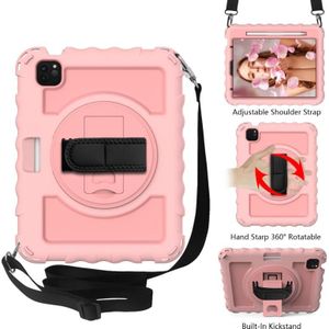 For iPad Air 2020 10.9 360 Degree Rotation PC + Silicone Shockproof Combination Case with Holder & Hand Grip Strap & Neck Strap & Pen Slot Holder(Rose Gold)