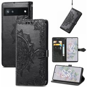 Voor Google Pixel 6A Mandala Flower Relif Flip Leather Telefoonhoes (Zwart)