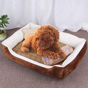 Dog Bone Pattern Big Soft Warm Kennel Pet Dog Cat Mat Blanket  with Rattan Mat & Blanket Size: M  70×50×15cm (Brown White)