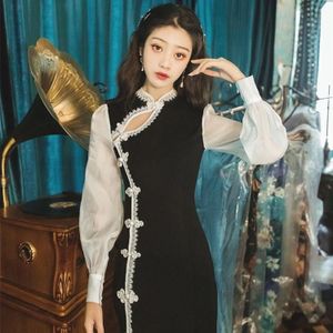 Fashion Retro Slim-fitting Lace Improved Cheongsam Dress (Color:Black Size:L)
