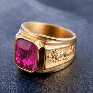 Retro Square Gemstone Carved Dragon Totem Signet Titanium Steel Ring for Men  US Size: 7  Diameter: 17.4mm  Perimeter: 55mm(Pink)