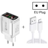 F002C QC3.0 USB + USB 2.0 LED Digital Display Fast Charger with USB to 8 Pin Data Cable  EU Plug(White)
