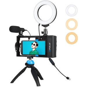 PULUZ 4 in 1 Bluetooth Handheld Vlogging Live Broadcast Smartphone Video Rig + 4.7 inch 12cm Ring LED Selfie Light Kits with Microphone + Tripod Mount + Cold Shoe Tripod Head for iPhone  Galaxy  Huawei  Xiaomi  HTC  LG  Google  and Other Smartphones(