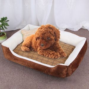 Dog Bone Pattern Big Soft Warm Kennel Pet Dog Cat Mat Blanket  with Rattan Mat Size: M  70×50×15cm (Brown White)
