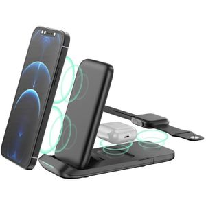 V8 3 in 1 Folding Portable Mobile Phone Watch Multi-Function Charging Stand Wireless Charger for iPhones & Apple Watch & Airpods (Black)