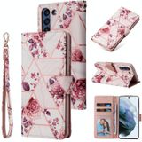 Voor Samsung Galaxy S21 Fe 5G Marble Bronzing Stiksels Horizontale Flip PU Lederen Case met Houder & Kaart Slots & Portemonnee & Fotolijst (ROSE GOUD)