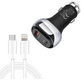 YSY-312PD QC3.0 18W USB + PD 20W USB-C / Type-C Car Charger with Type-C to 8 Pin Data Cable(Black)
