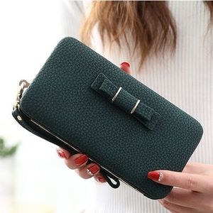 Multifunctional Litchi Texture Buckle PU Ladies Handbag Bow Wallet(Dark Green)