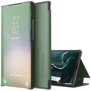 For Samsung Galaxy Note20 Carbon Fiber Texture View Time Horizontal Flip Leather Case with Holder & Touch Call Display ID(Green)