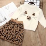 Girl Solid Color Sweater Mink Velvet + Leopard Skirt Two-piece (Color:Beige Size:90)