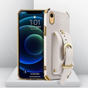 Electroplated TPU Crocodile Pattern Leather Case with Wrist Strap For iPhone XR(White)