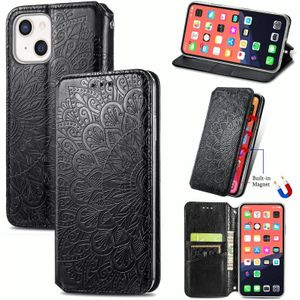 For iPhone 13 Blooming Mandala Embossed Pattern Magnetic Horizontal Flip Leather Case with Holder & Card Slots & Wallet(Black)