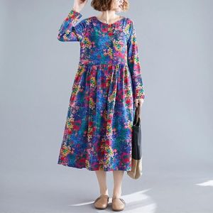 Loose Mid-length Ethnic Style Womens Long-sleeved Printed Cotton And Linen Dress (Color:Rose Red Size:XL)