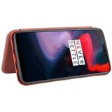 For OnePlus 6 Carbon Fiber Texture Magnetic Horizontal Flip TPU + PC + PU Leather Case with Card Slot(Brown)