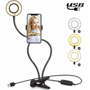 Makeup USB Selfie Ring Light with Clip Lazy Bracket Cell Phone Holder Stand  With 3-Light Mode  10-Level Brightness LED Desk Lamp  Compatible with iPhone / Android  for Live Stream  KTV  Live Broadcast  Live Show  etc
