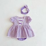 Girls Small Plaid Lace One-piece Romper And Skirt Romper (Color:Purple Size:73)