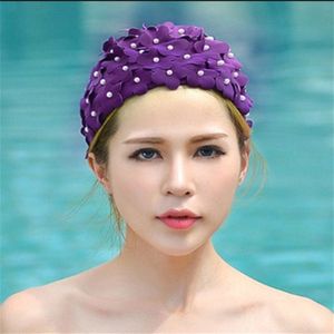 Pearl Three-dimensional Handmade Flower Swimming Cap for Women(Purple)