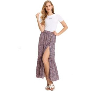 High Waisted Floral Pleat Vintage Split Skirt (Color:Pink Size:XL)