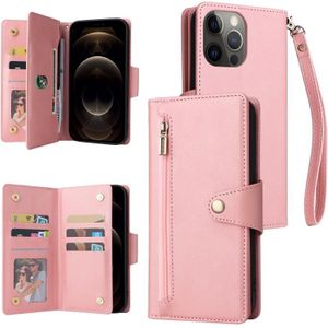 Klinknagel gesp 9 kaarten drie vouw lederen telefooncase voor iPhone 12 pro max (rose goud)