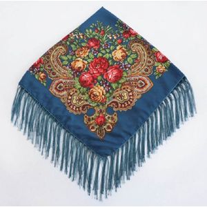 Middle Blue Ethnic Style Retro Tassel Square Scarf Flower Pattern Headscarf Scarf  Size:90 x 90cm