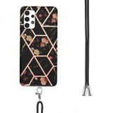 Voor Samsung Galaxy A32 5G Electroplating Splicing Marble Flower Pattern TPU Shockproof Case met Lanyard (Black Flower)