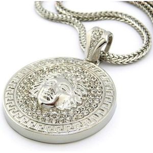Hip Hop Round Medusa Head Zircon Rhinestone Pendant Clavicle Chain Necklace for Men  Chain Length: 90cm(Silver)