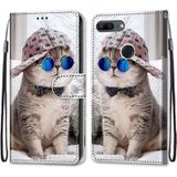 For Huawei Honor 9 Lite Coloured Drawing Cross Texture Horizontal Flip PU Leather Case with Holder & Card Slots & Wallet & Lanyard(B20 Slant Hat Blue Mirror Cat)