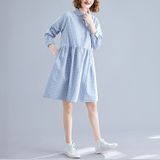 Loose Plus Size Linen Cotton Dress (Color:Blue Size:XL)