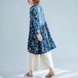 Retro Print Plus Size Cotton And Linen Dress Loose V-neck Skirt (Color:Blue Size:XXL)