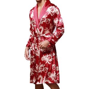 Men's Long Paragraph Silk Pajamas (Color:Burgundy Size:L)