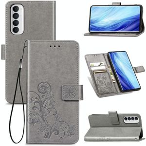 For Oppo Reno4 Pro 4G Four-leaf Clasp Embossed Buckle Mobile Phone Protection Leather Case with Lanyard & Card Slot & Wallet & Bracket Function(Gray)