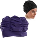 Women Earmuffs Pleated Cloth Swimming Cap(Purple)