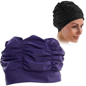 Women Earmuffs Pleated Cloth Swimming Cap(Purple)