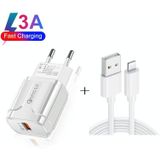 LZ-023 18W QC 3.0 USB Portable Travel Charger + 3A USB to 8 Pin Data Cable  EU Plug(White)