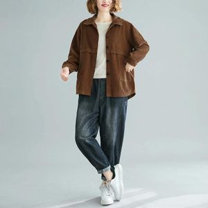 Literature And Art Retro Corduroy Jacket Women Loose Corduroy Short Cardigan Long Sleeves (Color:Coffee Size:XL)