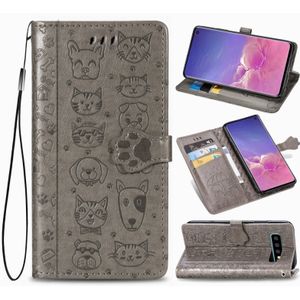 Voor Galaxy S10 Plus Cute Cat en Dog Embossed Horizontale Flip Lederen Case met Bracket / Card Slot / Wallet / Lanyard(Grijs)