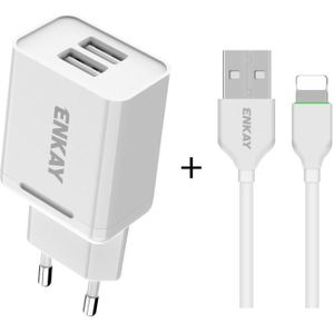 ENKAY Hat-Prince T003-1 10.5W 2.1A Dual USB Charging EU Plug Travel Power Adapter With 2.1A 1m 8 Pin Cable
